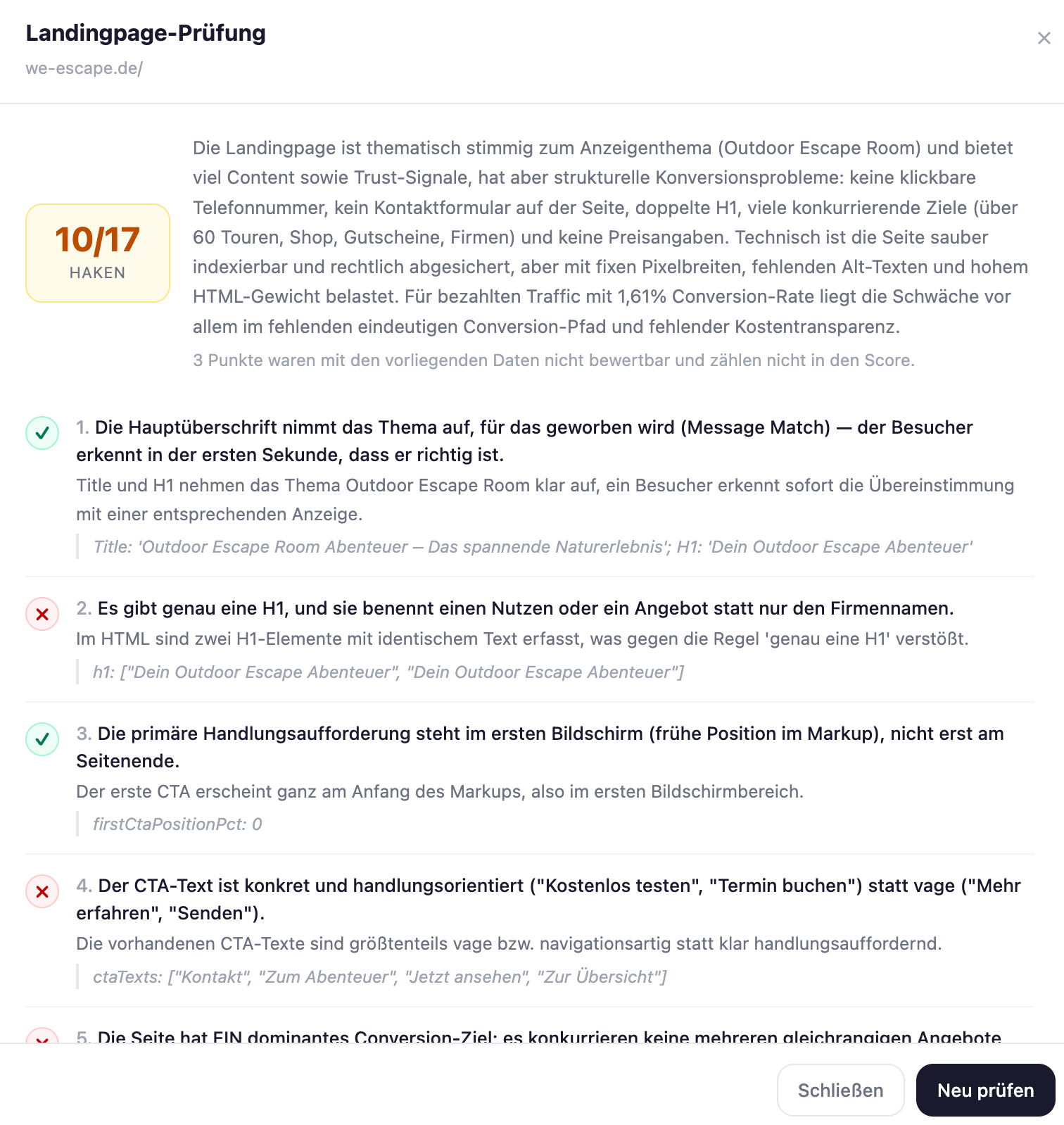 Landingpage-Prüfung mit 17-Punkte-Checkliste und KI-Bewertung