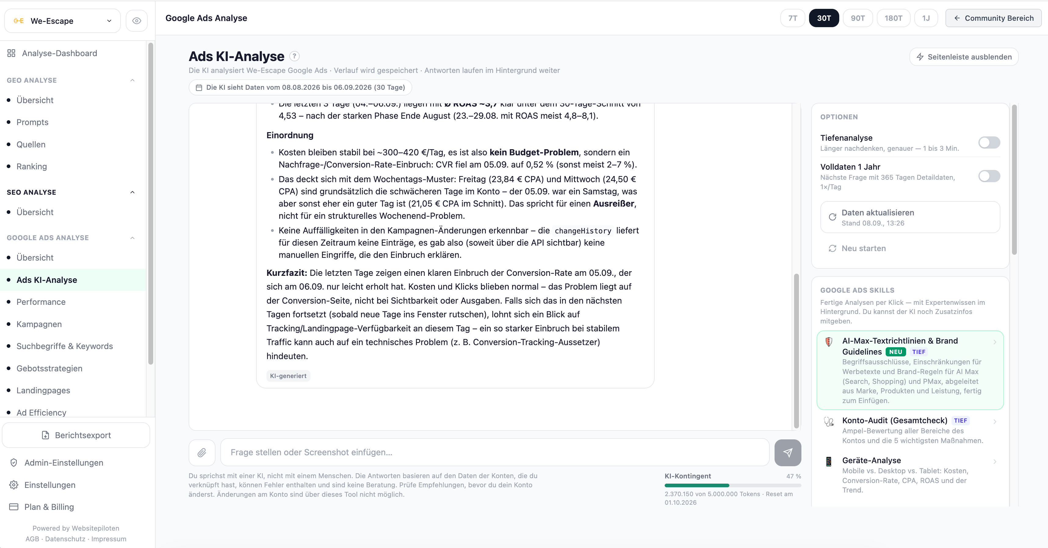 Gesamtansicht der Analyse-Plattform mit Navigation, KI-Chat und Google Ads Skills